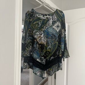 Roz & Ali Asymmetrical Blue Green 3/4 Sleeve Blouse